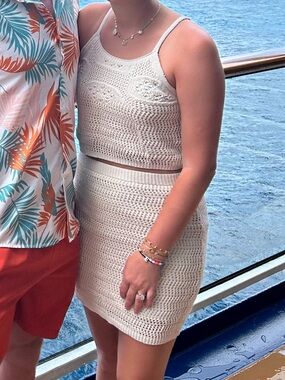 Cream Crochet Knit Tank and Skirt Set - Unbranded